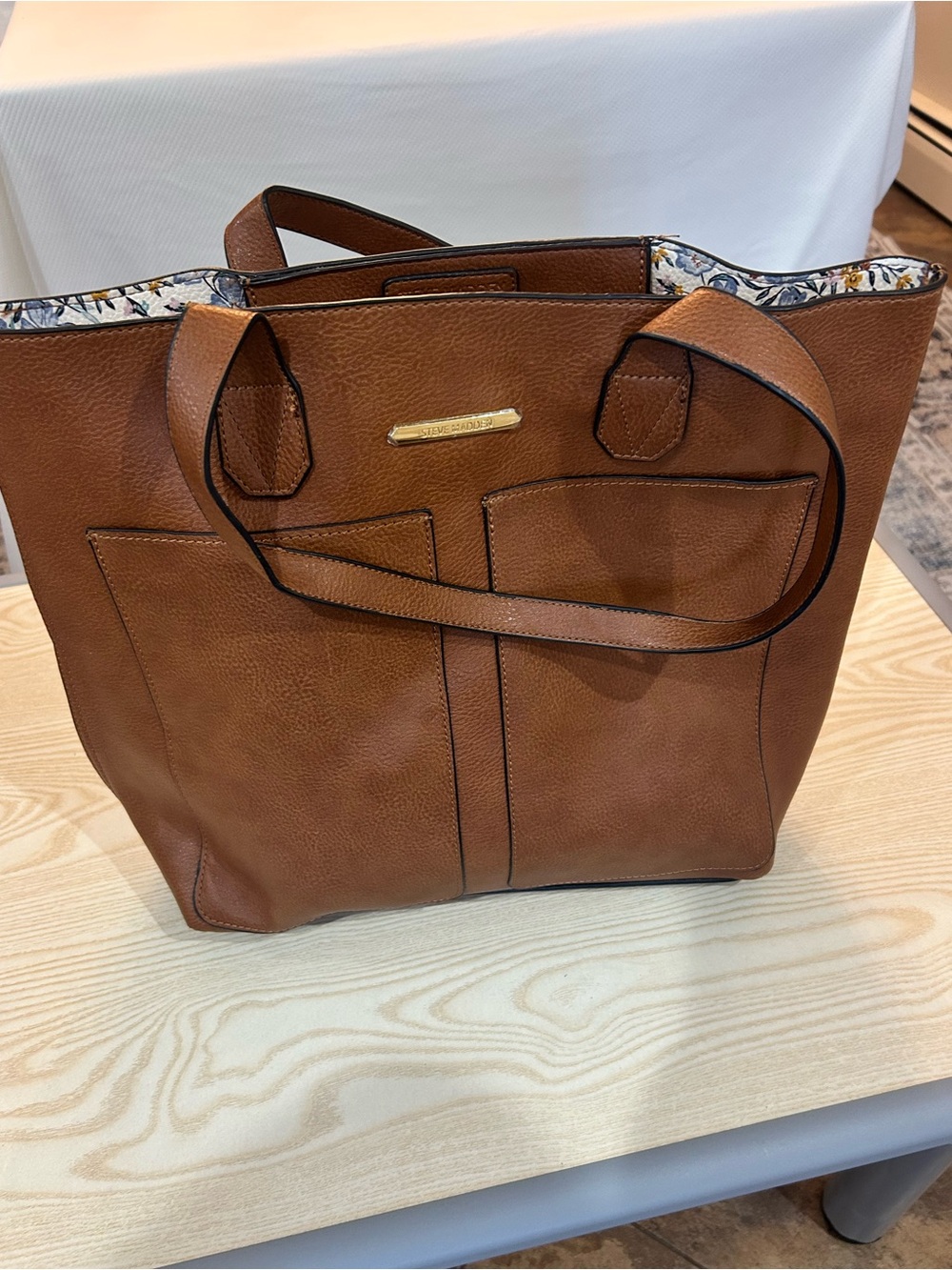 Steve Madden Chestnut Brown Tote with Floral Trim